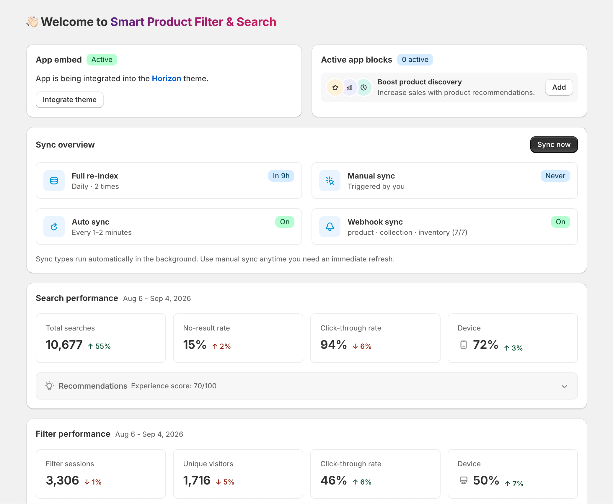 App Home dashboard showing app embed status, sync status, and search/filter performance